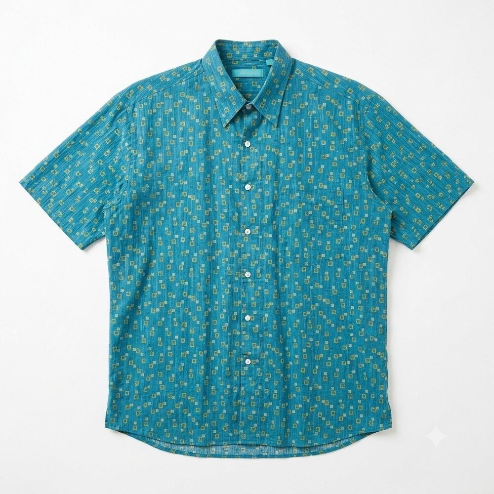 Tori Richards Cotton Lawn Hawaiian Shirt Blue Geo Print Vacation Mens Large